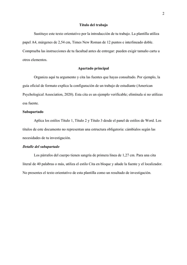 Página real de la plantilla Word con títulos APA 7 y texto de ejemplo a doble espacio